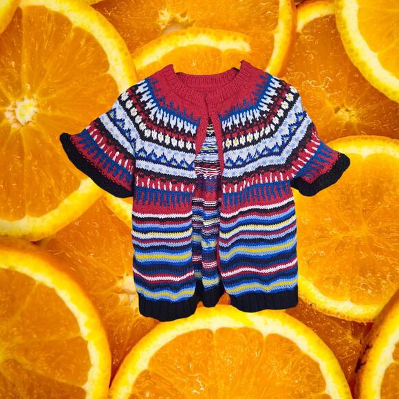 Hand Knit Open Front Short Sleeve Colorful Sweater - Picture 2 of 5